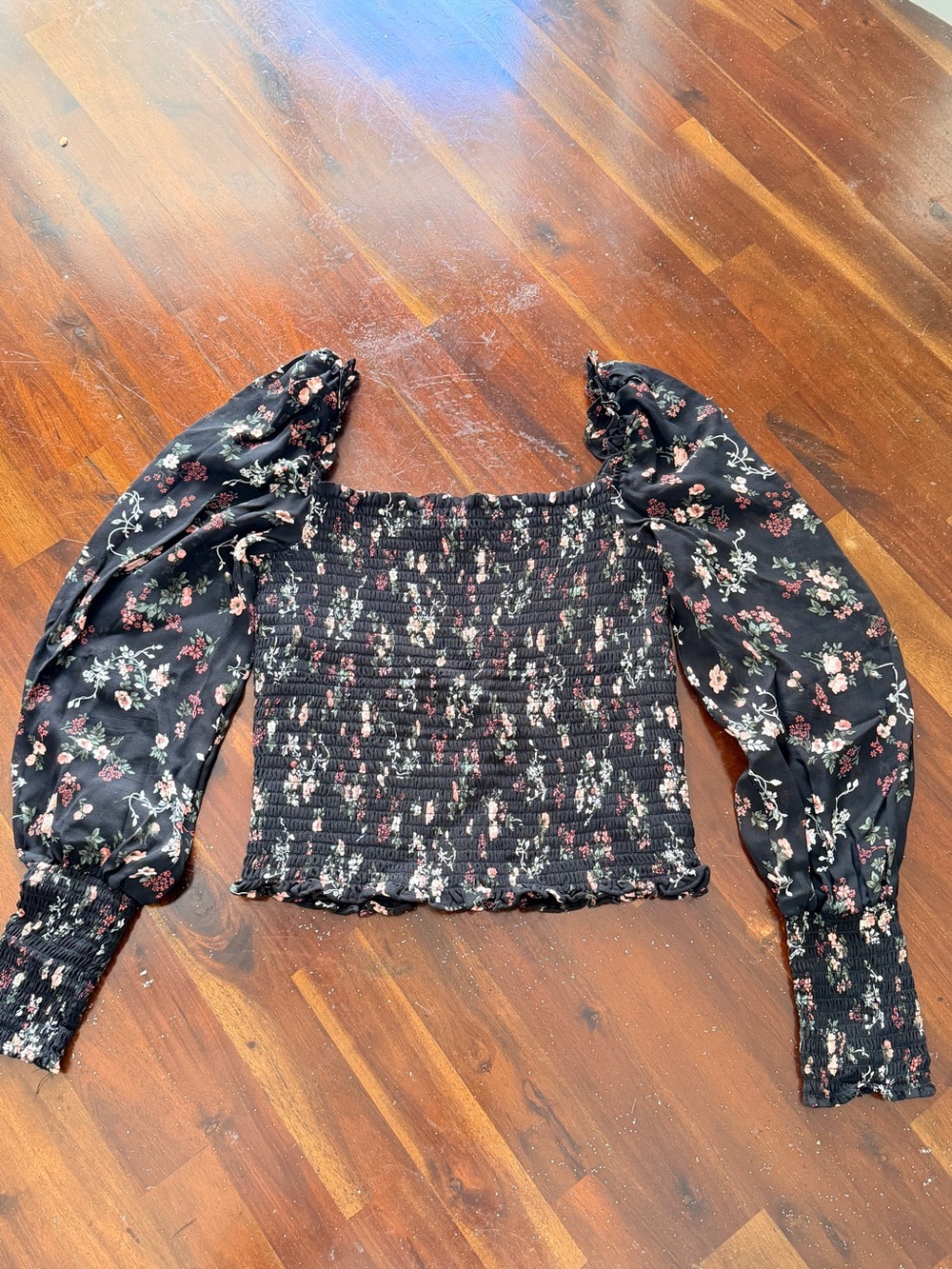 Reformation Black Floral Smocked Square-Neck Puff Sleeve Top